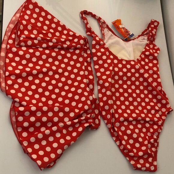 NWT One piece Swimsuit with detachable cover-up skirt - Red and white polka dot - Picture 3 of 6